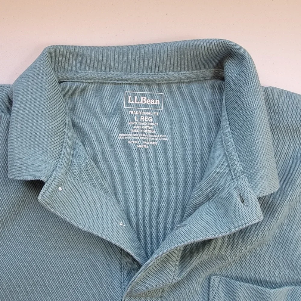 LL Bean Polo Shirt Mens Large Teal Green Cotton Pique Pocket Short Sleeve
